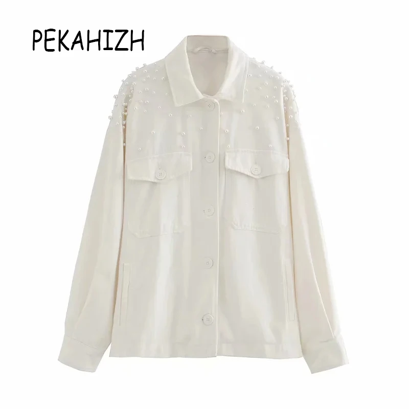 

Модные женские большие белые рубашки Пальто повседневные элегантные тонкие лацканы с длинным рукавом с бусинами карманы шикарные топы 2020 Н...