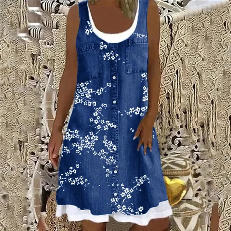 

Vintage Print A-Line Dress Women 2021 Summer Casual Square Collar Sleeveless Mini Dress Ladies Loose Dresses