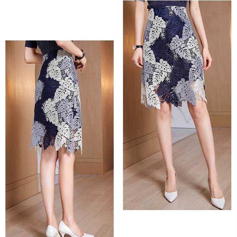 

2021 Summer New Women Elegant Navy Blue Lace Skirt with White Floral Cutwork Embroidery High Waist Midi Pencil Skirts Saia Y576