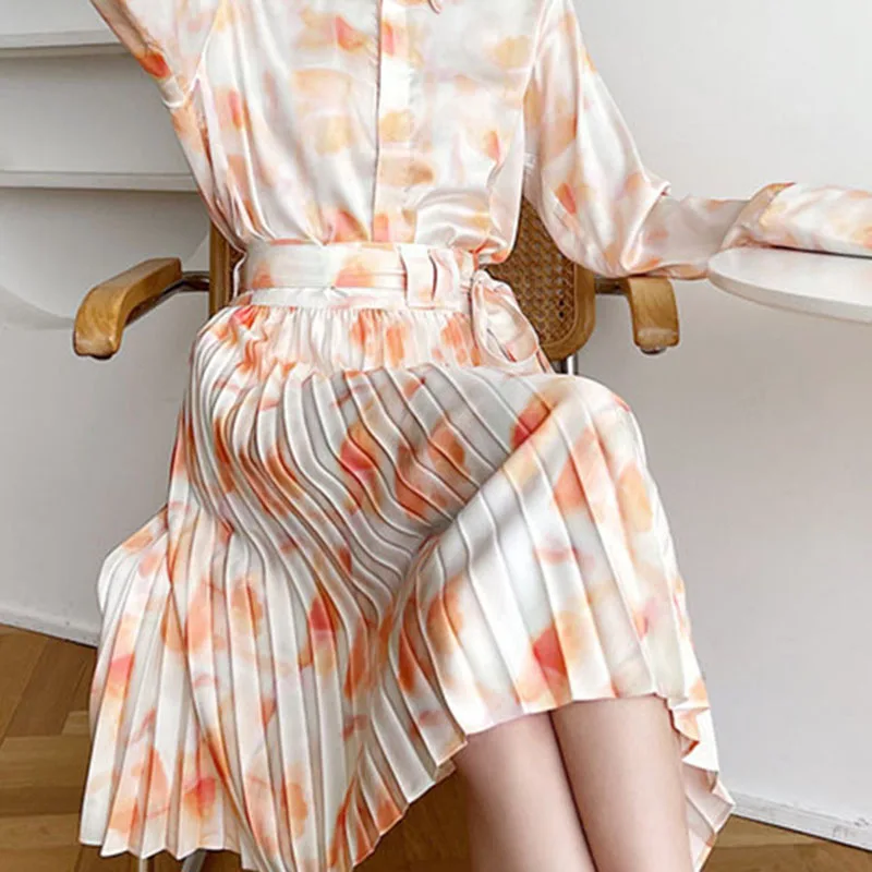 

XIZIHUPAN Casual Print Skirt For Women A Line High Waist Ruched Tie Dye Loose Skirts Female Summer Fashion New Clothing 2021
