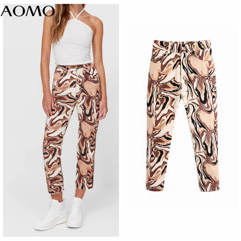 

AOMO 2021 Fashion Women Print Jeans Pants Long Trousers Pockets Buttons Female Pants BE118A