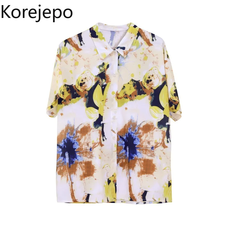 

Korejepo Women Shirts 2021 Summer Korean Retro Temperament Design Niche Style Thin Chiffon Yellow Smudge Short-Sleeved Blouses