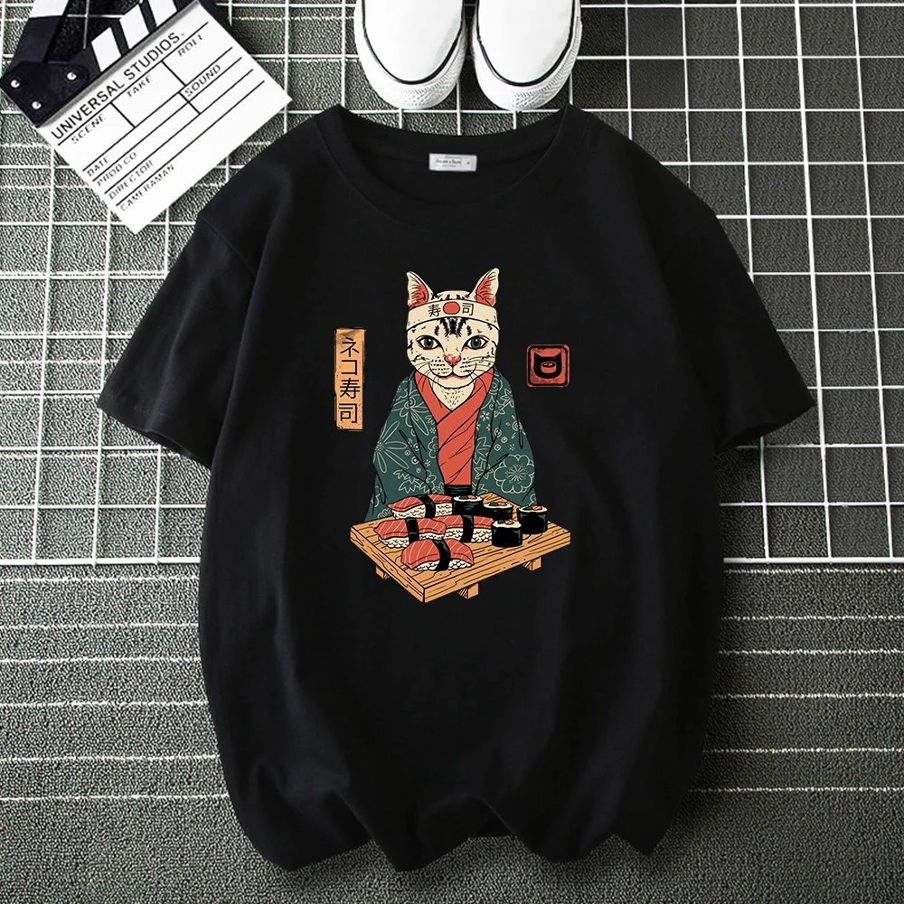 

Samurai Cat Sushi Bar Anime Fashion T Shirt Tee Shirt for Men Woman Casual Loose Cartoon Tops Male Hip Hop Harajuku T-Shirts