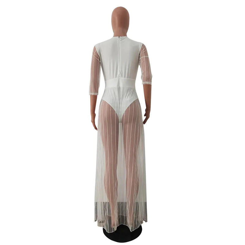 

Women Sexy Beach Dress Sheer Mesh Striped Splice Deep V Neck Half Sleeve Maxi Dress Summer Double High Split Long Party Dresses
