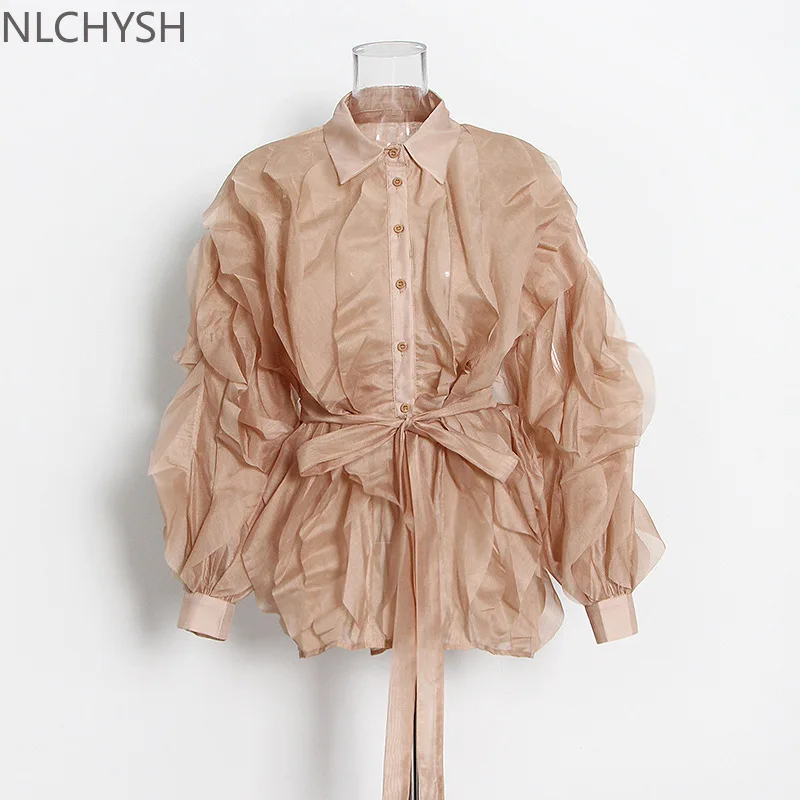 

Женская рубашка с оборками, элегантная повседневная блузка составного кроя с отложным воротником и длинным рукавом, на шнуровке, с бантом, ...