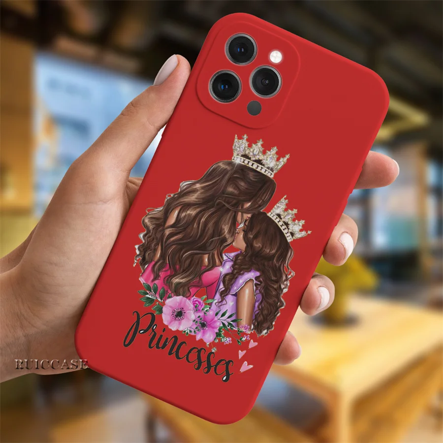 For iPhone 11 12 13 Pro Max Mini 7 8 Plus X XS XR SE 2020 Pink Red Case Black Brown Hair Baby Mom Girl Queen Soft Silicone Cover images - 6