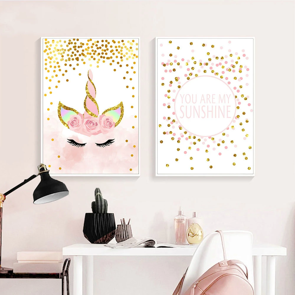 Детская настенная живопись на холсте для маленьких девочек Розовый Единорог