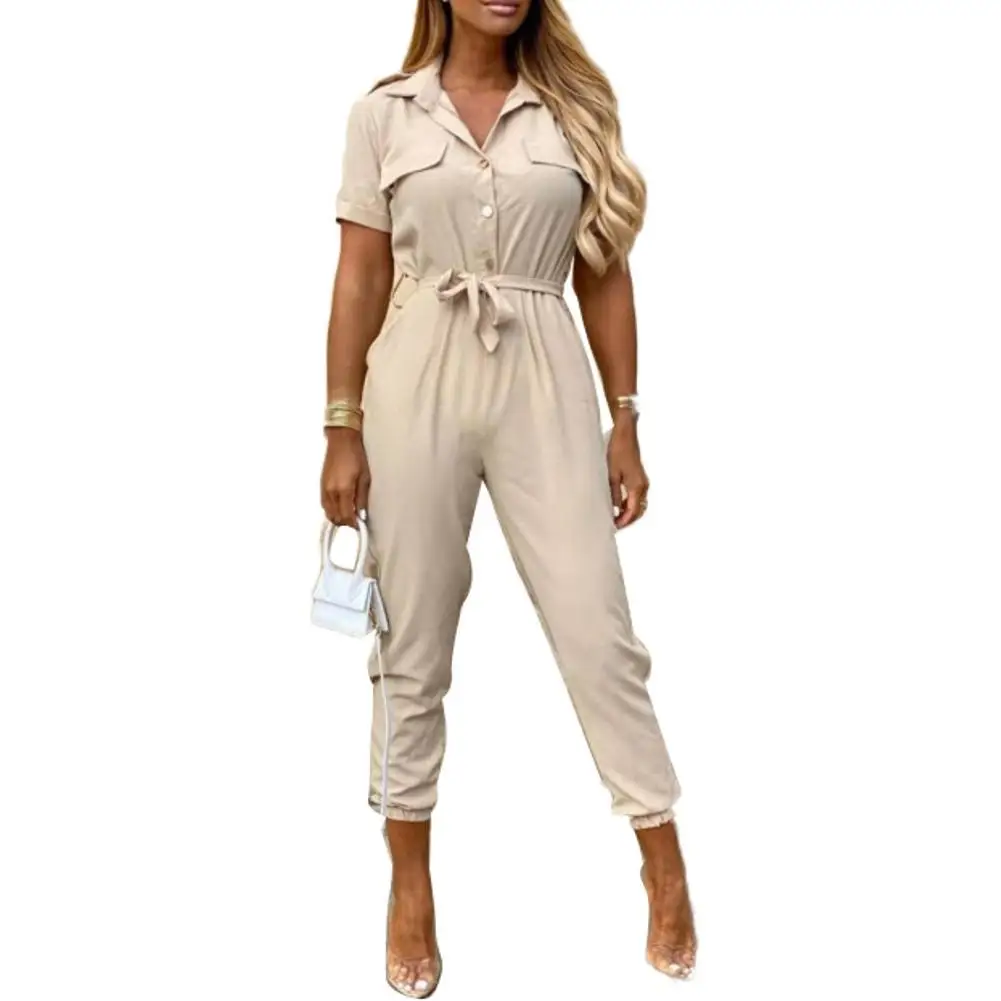 

Office Lady Short Sleeve V Neck Stripes Print Button Belt One Piece Jumpsuit