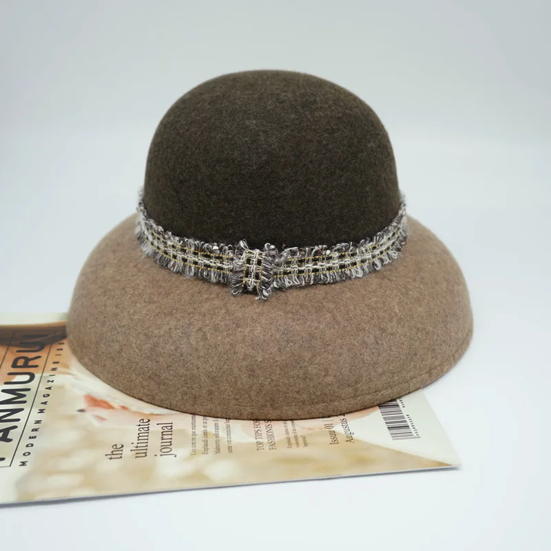 

202011-panshi-brown khaki patchwork wool autumn winter Hepburn style leisure lady bucket cap women fishermen hat