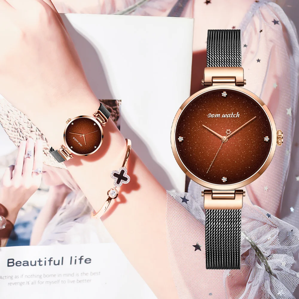 Часы DOM женские кварцевые роскошные модные стальные водонепроницаемые с