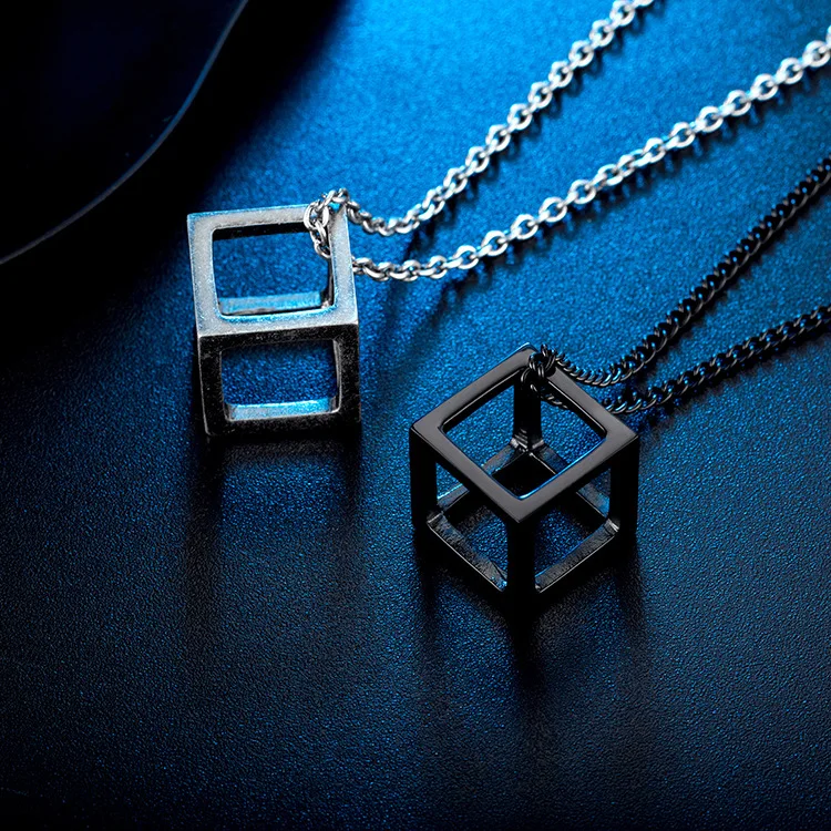 

Japan and South Korea fashion goods magic cube titanium steel pendant fashion man versatile square hollow square Necklac