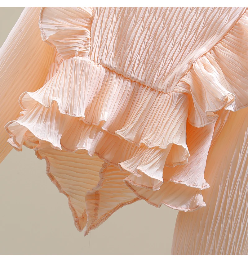 

2021 Spring Fall Pleated Long-Sleeved Cardigan Lady Shirt Korean Style Loose Waist Slim Blusas Ruffles V-neck Solid Chiffon Top