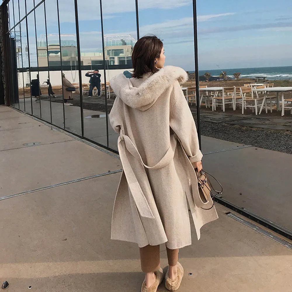 beige long Осень-зима кашемировый Тренч куртка Для женщин Повседневное черный, белый цвет пальто в клетку с поясом, Толщина с мехом с капюшоном куртки с карманами - Цвет: beige long