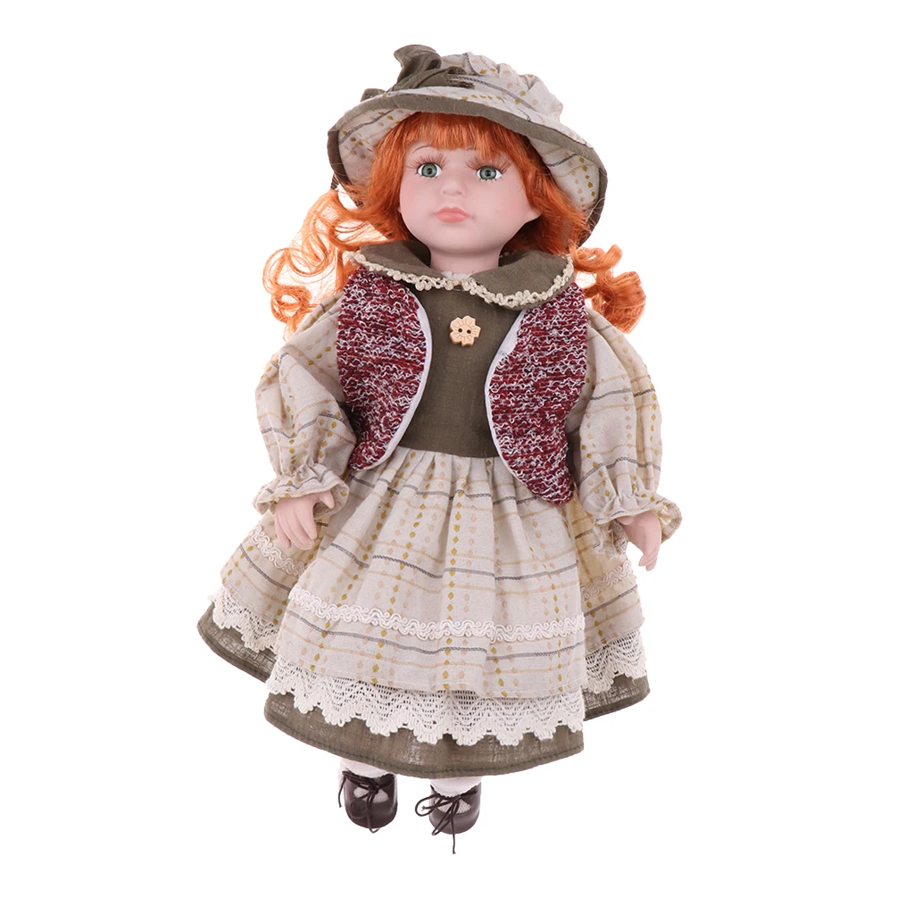 

40cm Vintage Porcelain Curly Girl Doll People Figures With Beige Dress Hat