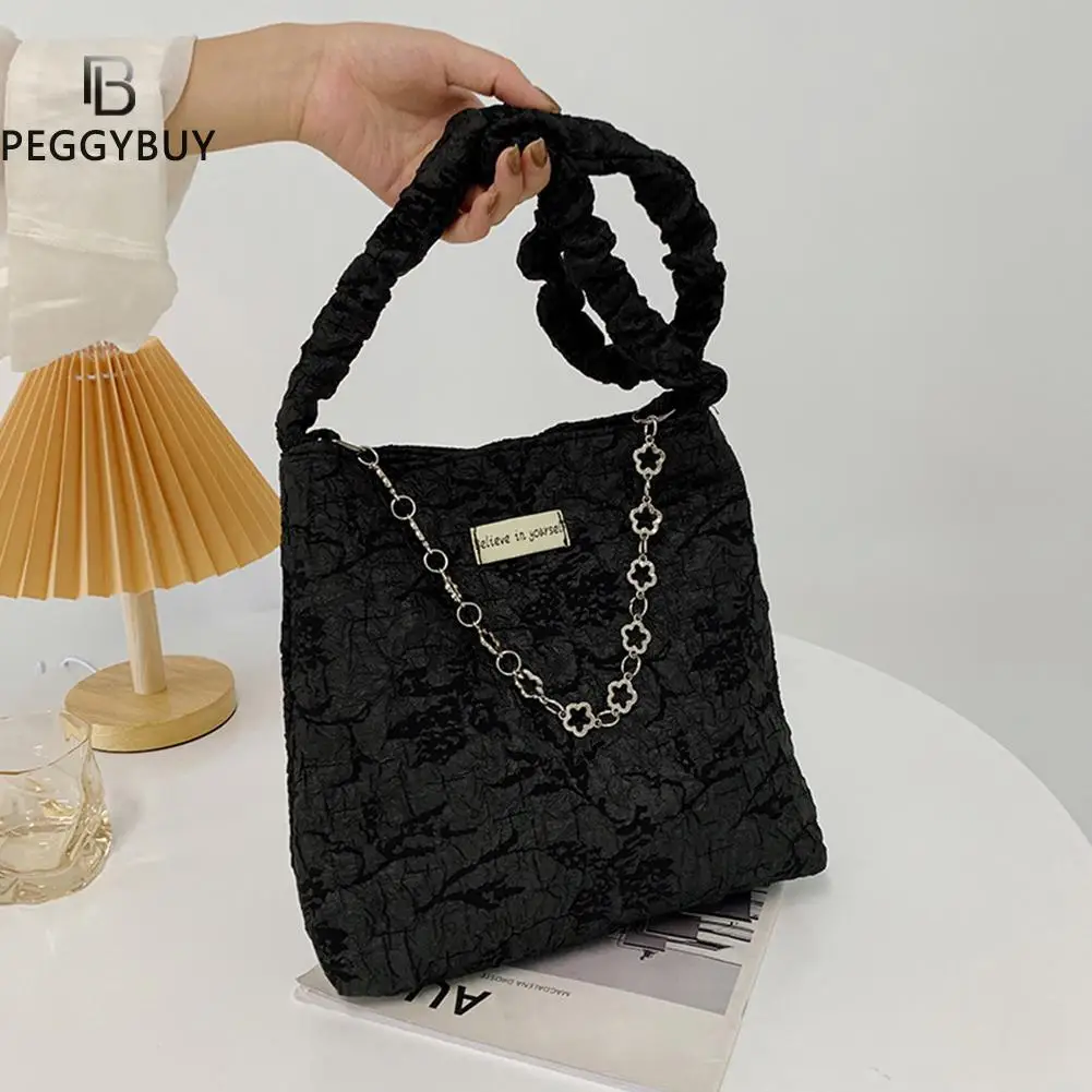 

Women Single Pleated Strap Shopping Handbags All-Match Flower Chain Underarm Bags Cloth Travel Subaxillary Bags
