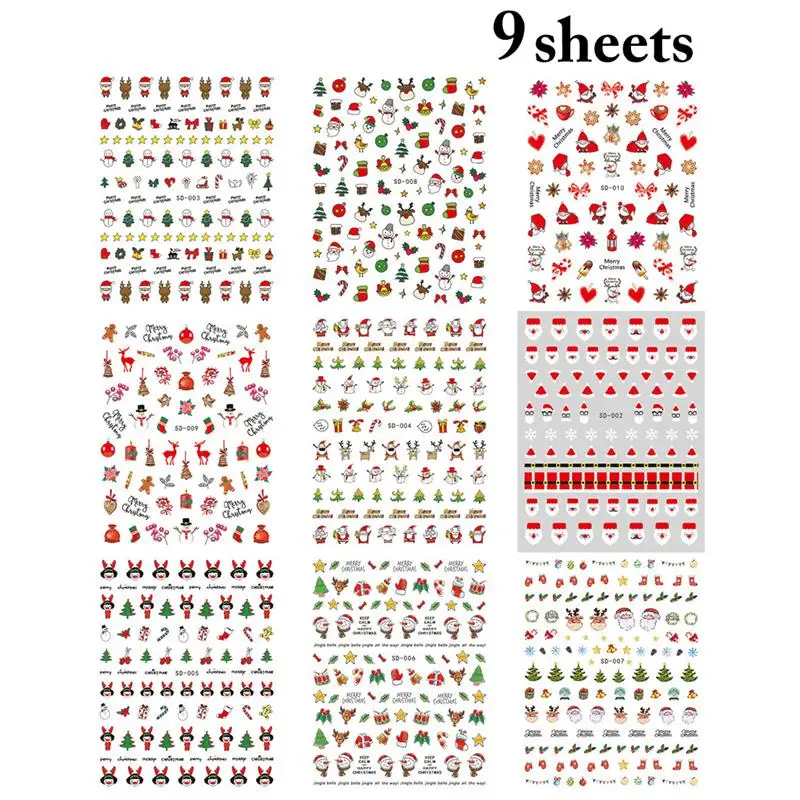 

9/10/11/12 Sheets Christmas Nail Stickers Novelty Fashion Nail Decals Cute Cartoon DIY Nail Art Decorations for Xmas Party Women