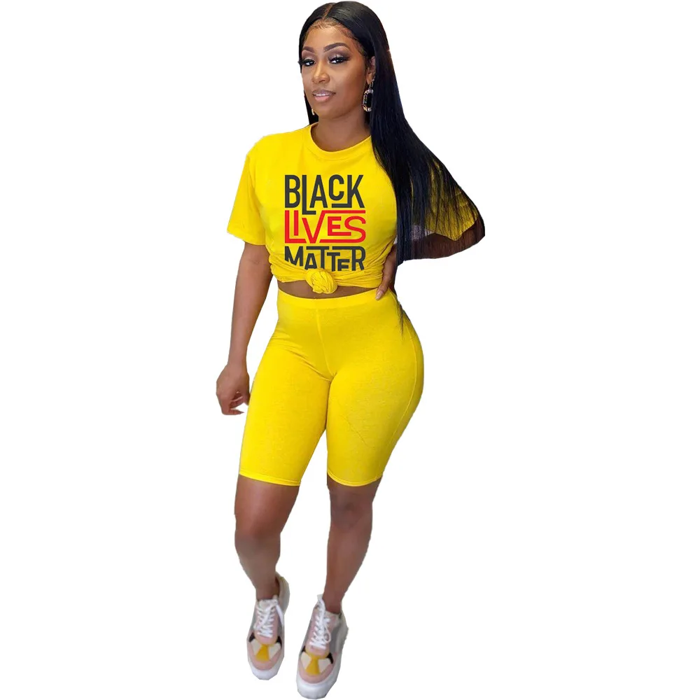 

Women's Street Fashion Printed Letter T-shirt Shorts Two-Piece Set 2020 New Casual Suit European and American Clothing