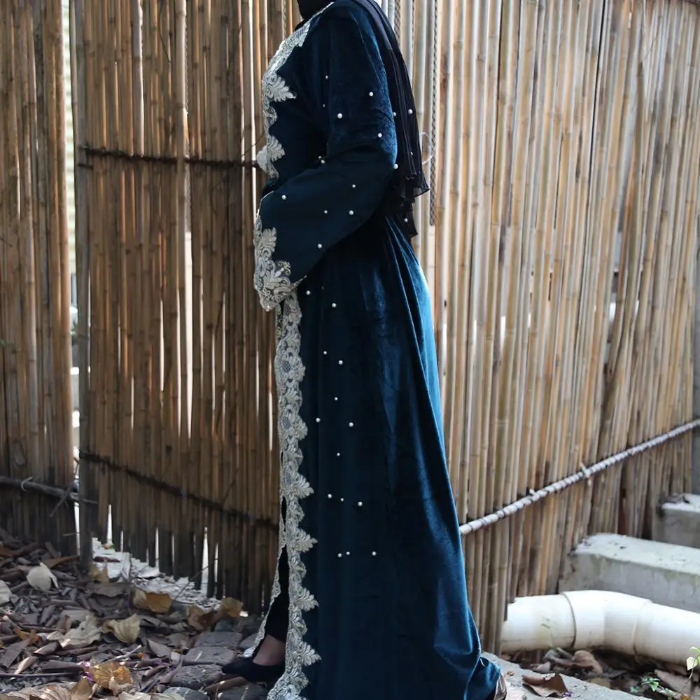 2021 Fashion Velvet Abaya For Women Loose Lace Stitching Beaded Gold Cardigan Dubai Islamic Robe Elegant Kimono | Тематическая