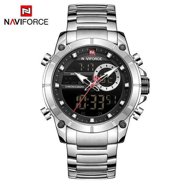 NAVIFORCE мужские часы цифровые спортивные часы Relogio Masculino кварцевые часы ремешок из нержавеющей стали многофункциональные наручные часы для мужчин - Цвет: SilverNoBox