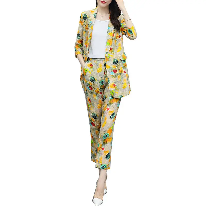 

2021 Autumn New Large Size Western Style Slimming Fashion Suit Korean Style Suit Jacket Cropped Pants Two-Piece Set for Women