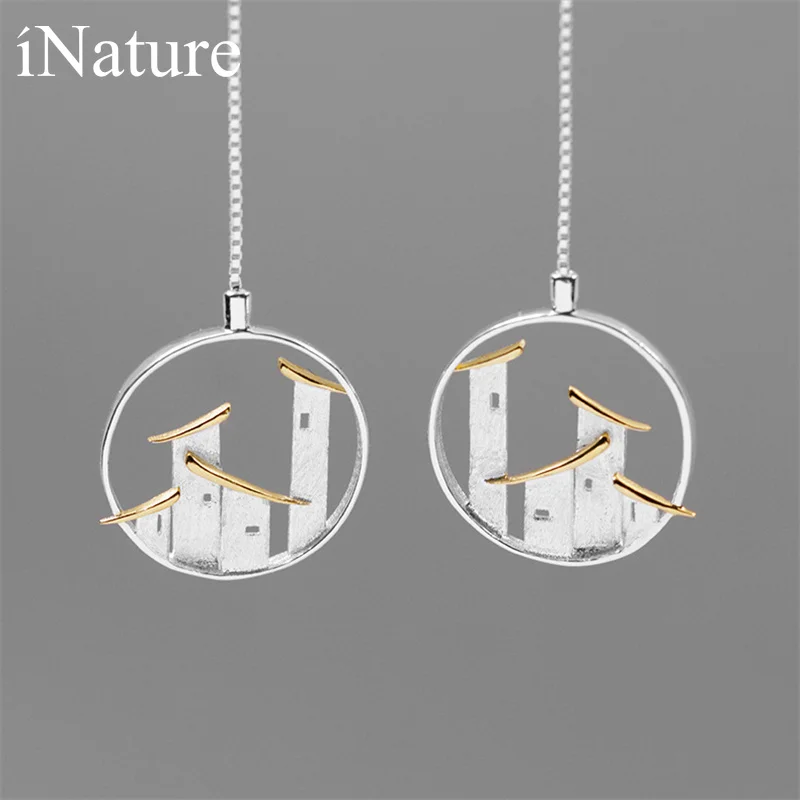 

INATURE 925 Sterling Silver Handmade Folk House Long Drop Earrings For Women Statement Jewelry Gift