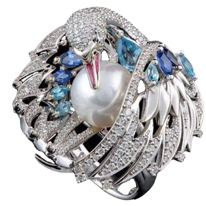 

Trendy Women's Luxury White Swan Ring Micro-inlaid Zircon Simulated Pearl Silver Color Crystal Wing Fashion Jewelry
