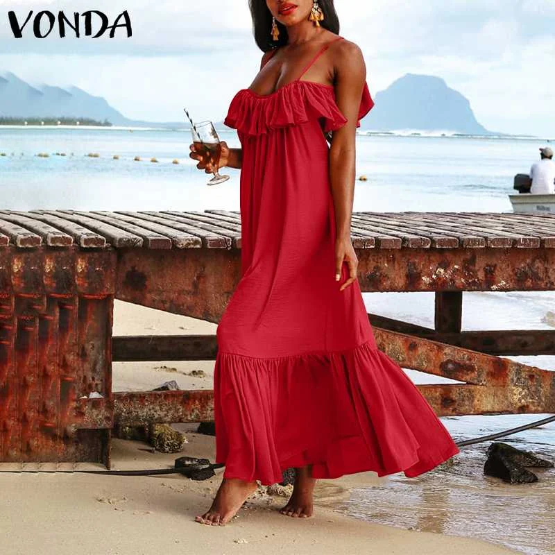 

Loose Maxi Dress Summer Sexy Sleeveless Solid Party Dresses VONDA Vintage Pleated Ruffled Hem Bohemian Party Vestido S- Robe