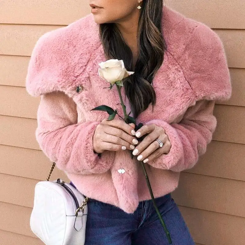 Куркума розовая искусственная шубка на меху для женщин 2019 Осень Зима