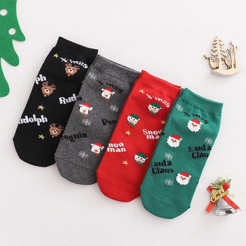 

4Pairs Christmas Socks Cotton Anti-slip For Running Cycling Thick Snowman Santa Elk Short Sock Xmas Gift Size 35-40