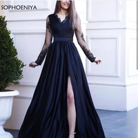 new arrival v neck long sleeve evening dresses 2021 lace appliques black long dress evening party gown for women abito da sera