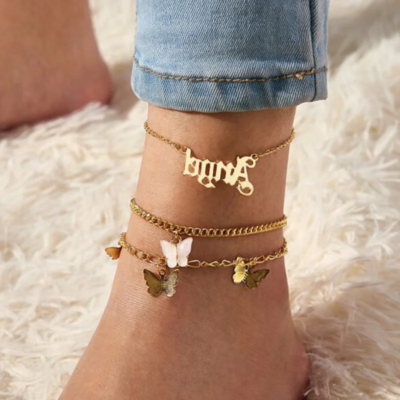 

3pcs/set Multilayer Gold Link ANGEL Letter Chain Ankle Bracelet Leg Foot Jewelry Bohemia Butterfly Anklets for Women Accessories
