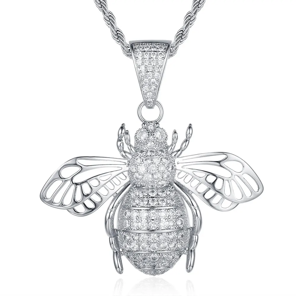 

100% Micro Zircon Hip Hop Cute Bumblebee Pendant Necklace For Men Jewelry Wholesale Party Custom Accept Iced Out Necklaces