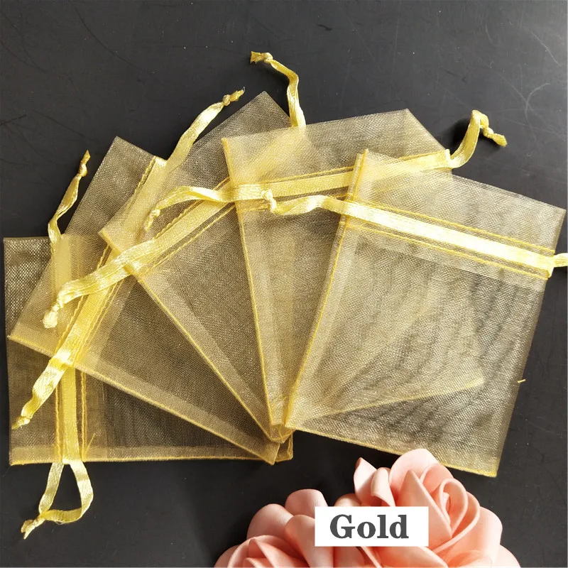 gold 50 шт. подарочные мешочки из органзы, мешочки для ювелирных изделий, упаковка, 7x9, 9x12, 10x15, 11x16, 13x18, саше из органзы для украшения свадьбы/причастия 5z - Цвет: gold