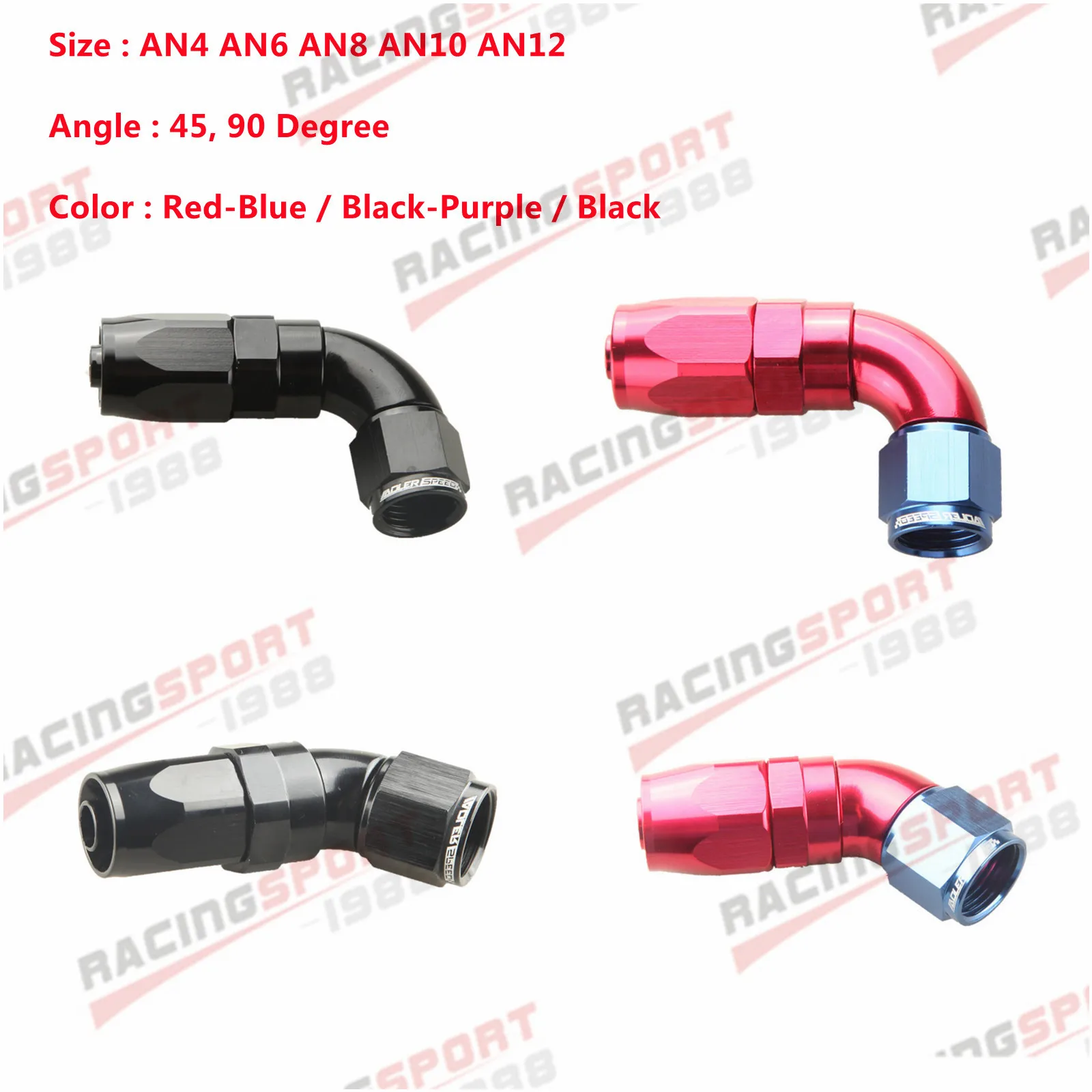 AN4 AN6 AN8 AN10 AN12 45 90 Degree Aluminum Full Flow Swivel Fitting Hose End Red-Blue/Black-Purple/Black
