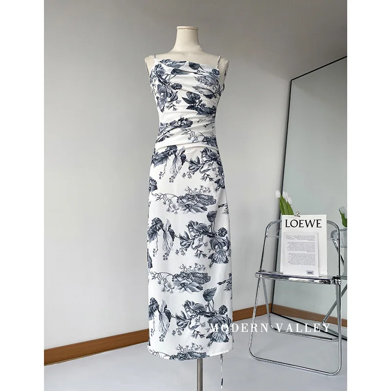 

Chinese Style Oil Painting Floral Sexy Strap Dress for Women 2021 Summer New Retro Maxi Sundress Beach Vacation Bandage Dresses