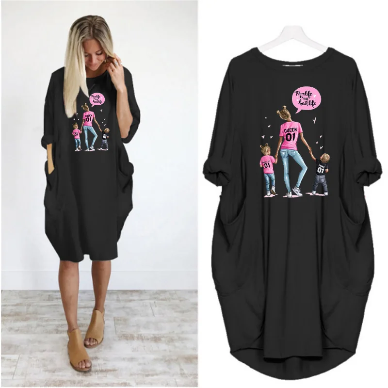 Платье женское средней длины с длинным рукавом круглым вырезом и карманами |