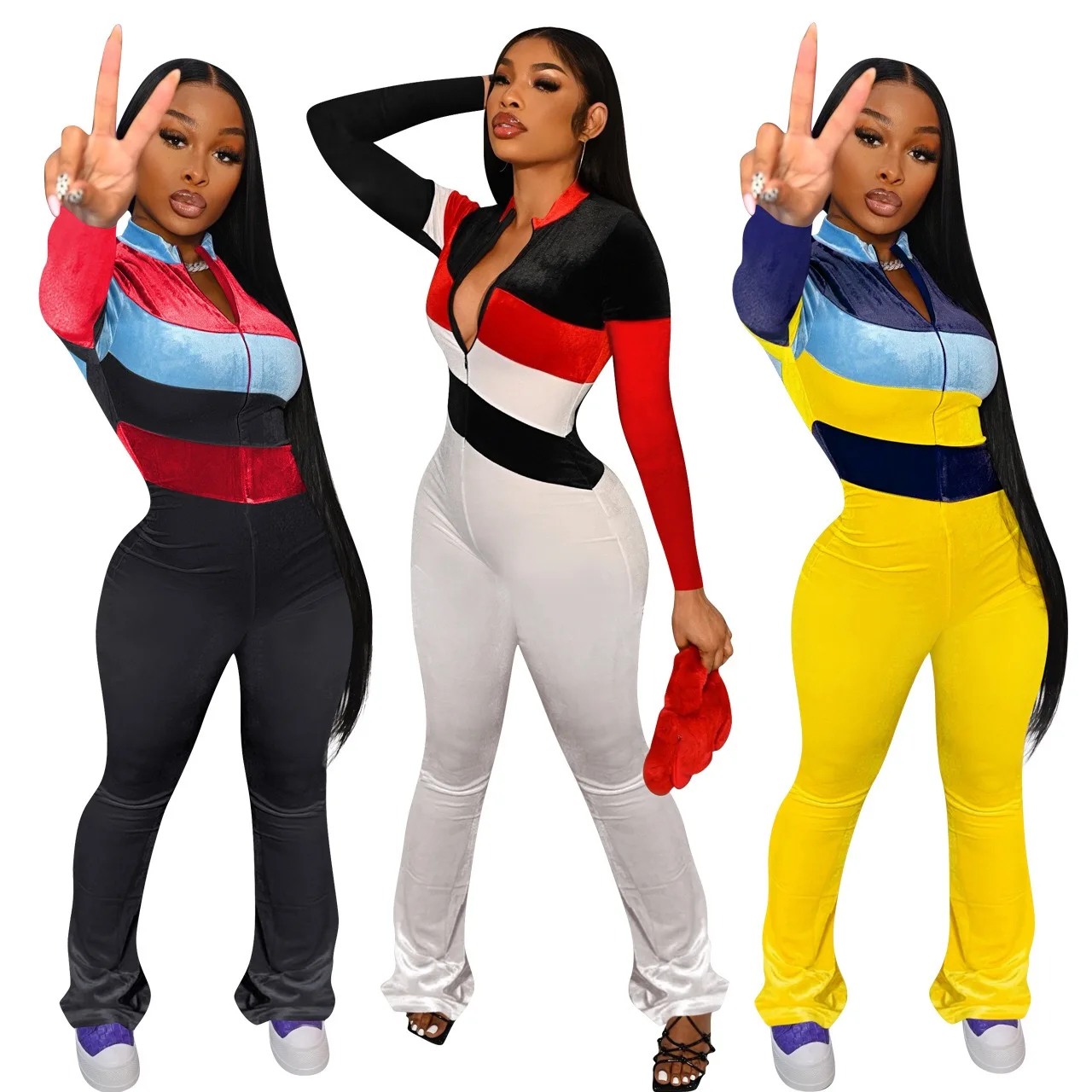 

Plus Size Ladies European and American Women's New Sexy Velvet Stitching Jumpsuit High-quality Exotic Clothing Lapel Design