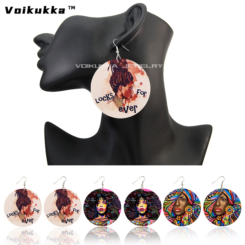 

Voikukka Jewelry 6 CM Round Drop African Women Painting Wooden Both Sides Printing Dangle Earrings For Women