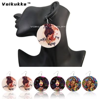 voikukka jewelry 6 cm round drop african women painting wooden both sides printing dangle earrings for women