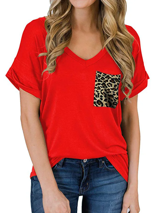 

Fashion women's spring and summer 2021 V-neck leopard print pocket T-shirt curled short-sleeved loose top White