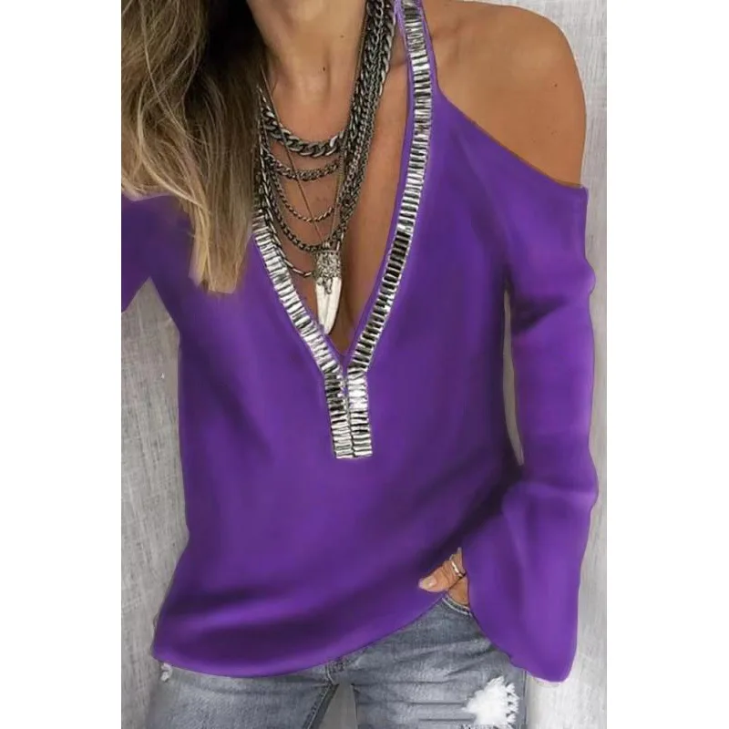 

2020 New Sexy Shoulder Explosure Woman Blouse Sequined Deep V-Neck Solid Color Tops for Lady Loose Stitching Women Clothing