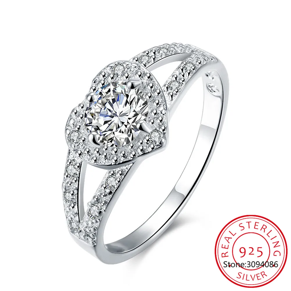 

925 Sterling Silver Jewelry Vintage AAA+ Crystal Love Heart Couple's Wedding Silver Rings for Women Fashion Anel De Prata Bijoux