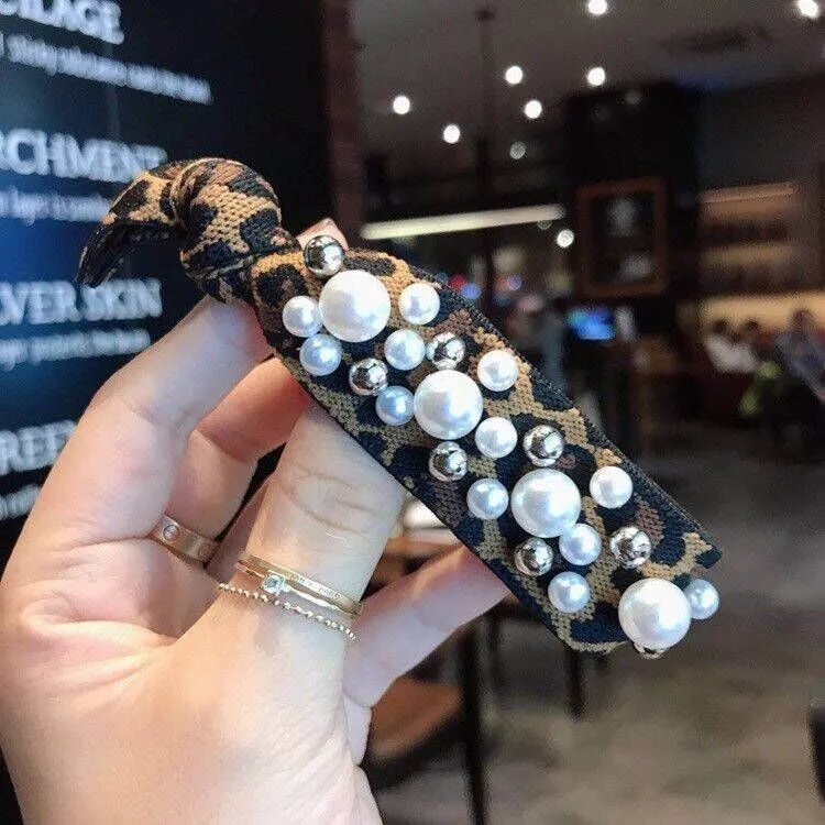 

Korea Rainbow Leopard Elastic Rubber Band Trendy Pearl Hair Tie For Women Girl Sweet Boradside Ponytail Holder Hair Accessories