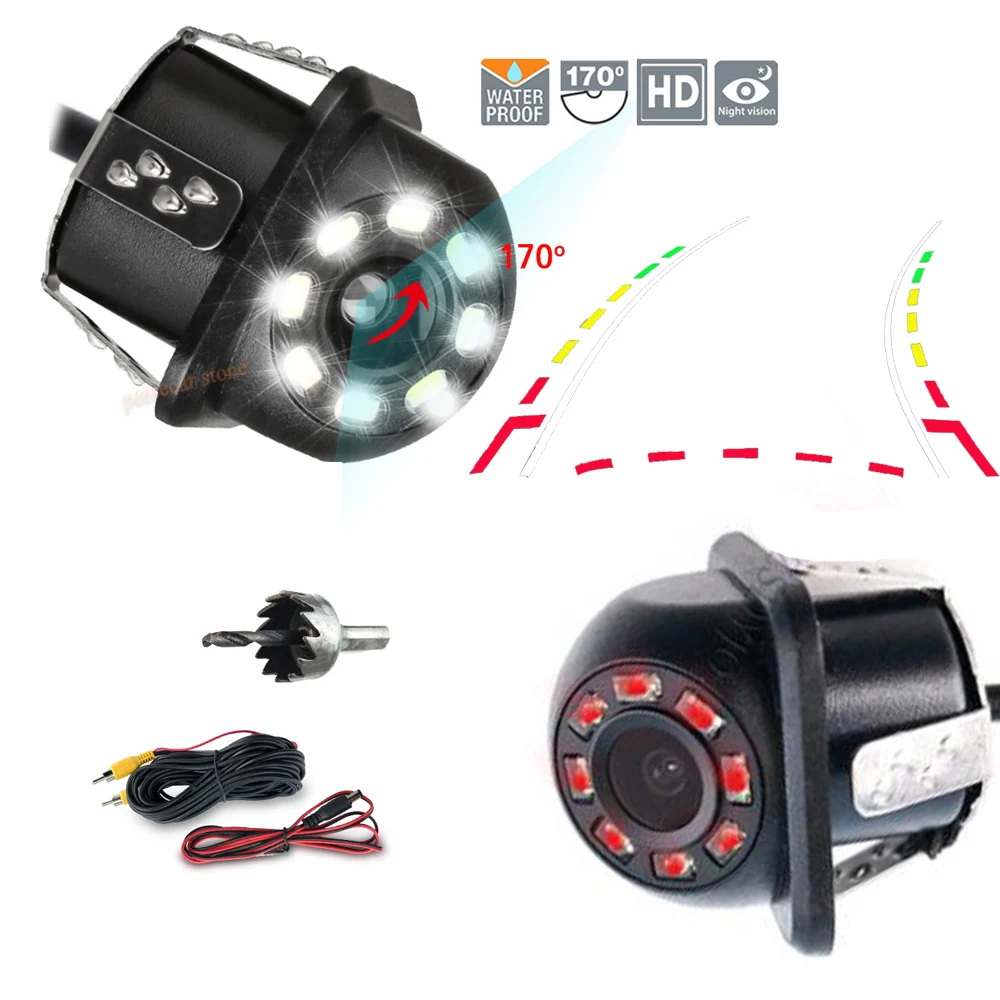 Auto Dynamic Trajectory Moving Line Guide Trunk Car Rear view Camera Backup 8 IR 8 LED Lights Reverse System Night Vision