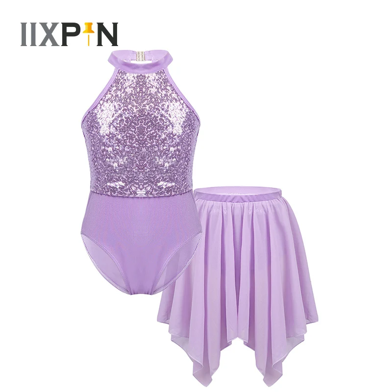 Женское балетное платье с лямкой на шее и блестками лирическое гимнастическое