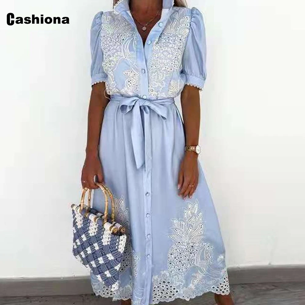 

Cashiona Women Fashion Long Maxi Dress 2021 Patchwork Shshes Lace Flower Dresses Plus size 3xl Female Single Breasted Dress