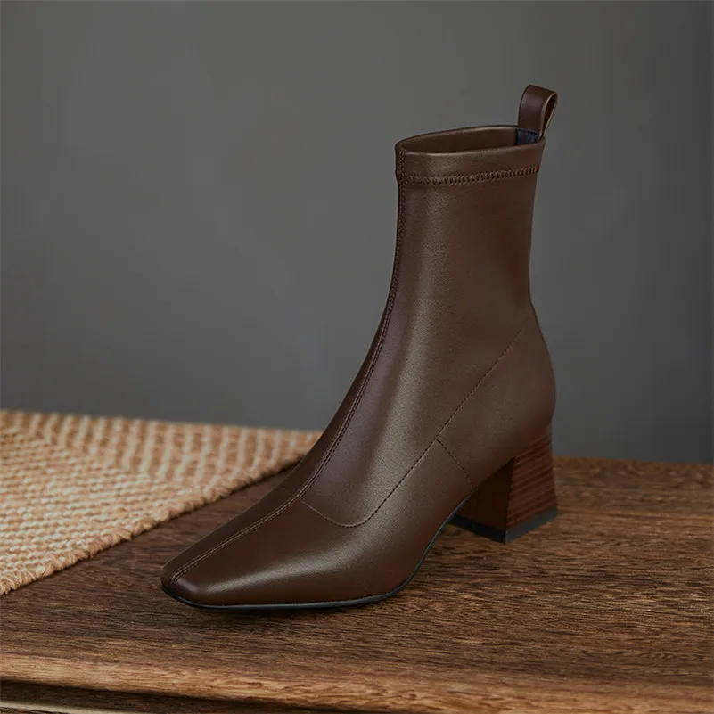 

FOREADA High Heel Woman Boots Square Toe Mid Calf Boots Chunky Heel Shoes Female Footwear Autumn Winter Black Brown Size 34-39