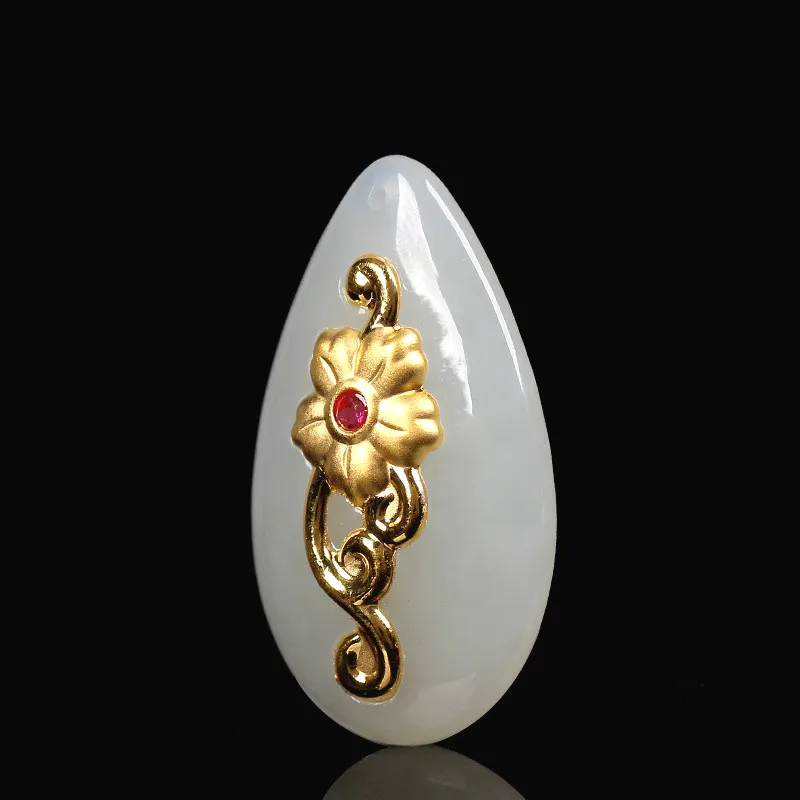 Натуральный китайский белый нефрит мозаика золотой цветок кулон ожерелье модное