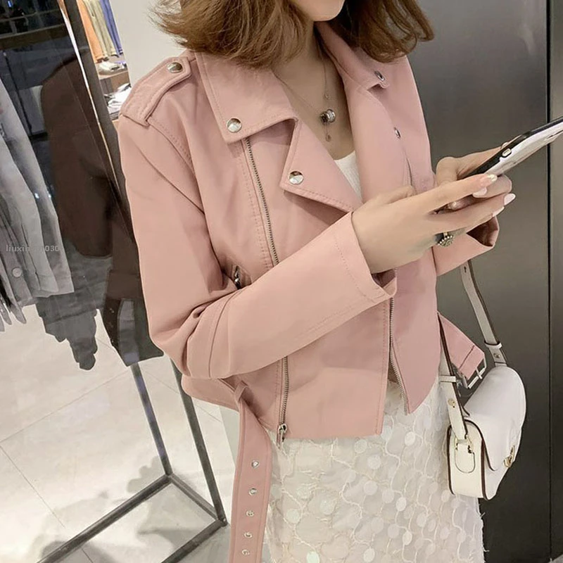 Мотоциклетная Осенняя кожаная куртка женская черная красная желтая зеленая