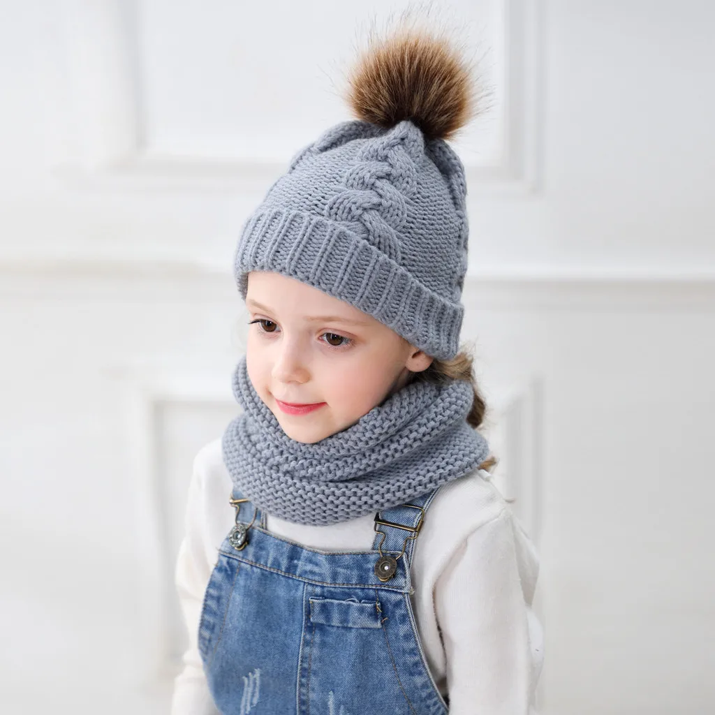 Новый дизайн унисекс зимняя теплая однотонная детская вязаная шапка с меховым